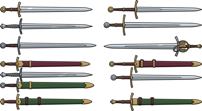Medieval Knight Sword and Scabbard Vector Illustration Set with European Longswords, Broadswords, and Sheaths for Gaming, Fantasy, and Historical Graphic Designs
