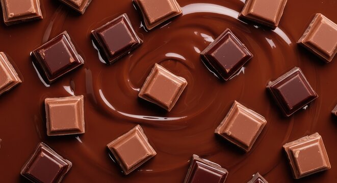 Sfondo di vellutato cioccolato liquido sciolto con cubetti di cioccolato fondente e al latte sparsi sulla superficie lucida e densa, dessert, smooth, baking