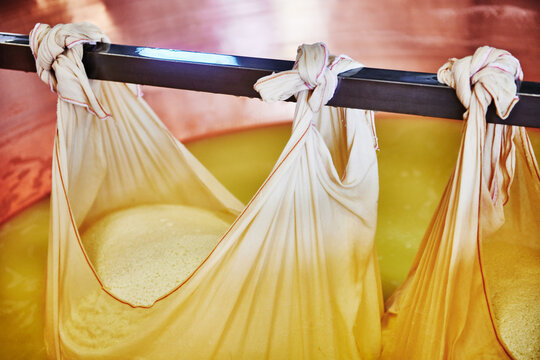 freshly formed parmesan curds from a large copper cauldron, a traditional technique used in creating Parmigiano Reggiano.