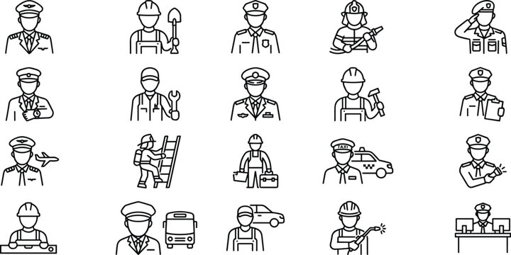 Professional occupations and worker avatar vector icons set with pilot builder police officer firefighter military soldier driver technician line art