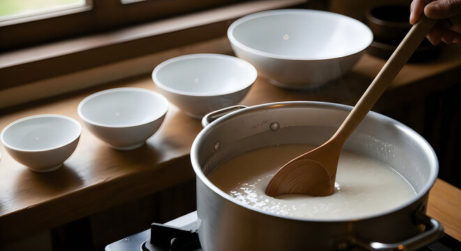 Cooking process with a wooden spoon stirring a creamy mixture in a large pot