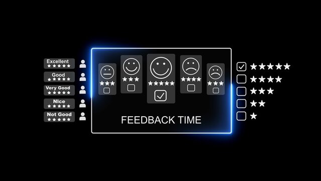 Feedback time digital interface featuring star rating system and emotional expression for real time customer satisfaction surveys and data collection on a modern dark background display