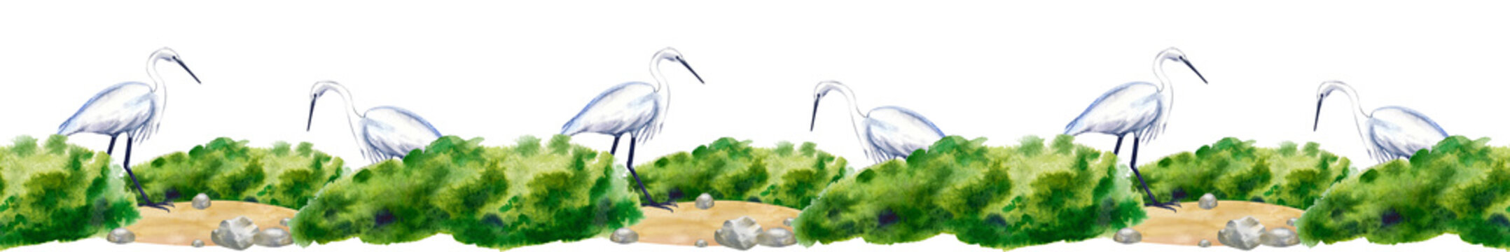 Watercolor seamless horizontal border with white egrets on the background of a beach with rocks and green bushes. Realistic image on an isolated background, suitable for decorating coastal areas
