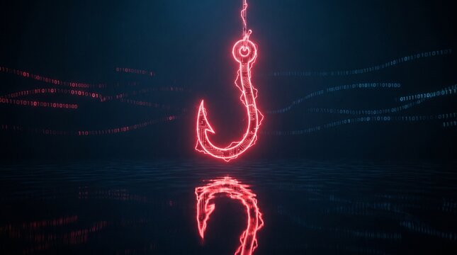 Glowing red digital fish hook representing phishing cyber attacks and online fraud