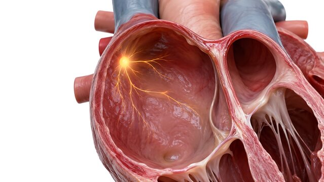 Cross Section of Human Heart Showing Sinoatrial SA Node and Electrical Conduction System 3D Illustration