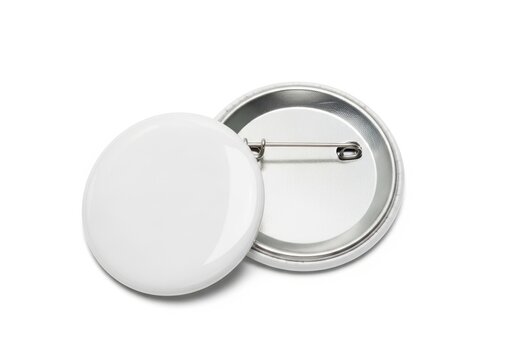 A single white button with a silver pin back ready for customization.