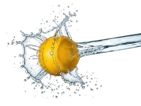 Lemon being splashed with water on isolated transparent background with droplets