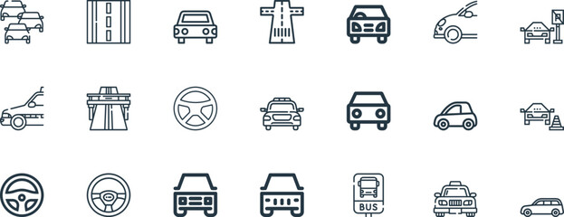 Car driving and road traffic vector icons set with steering wheel taxi toll booth highway parking and vehicle line art illustrations © monjurul