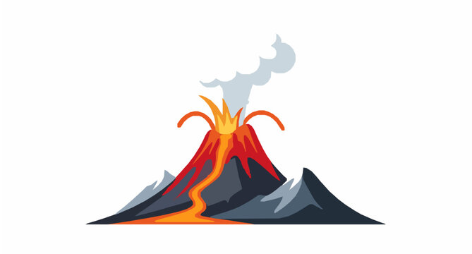 Simple volcano vector flat illustration with eruption smoke and lava icon isolated on white background