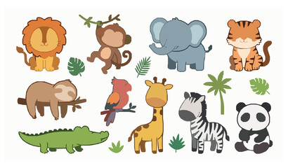 Naklejka premium Cute jungle animals cartoon collection isolated on white background vector illustration