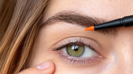 Naklejka premium Close-up of green eye with long eyebrow being shaped using orange eyebrow pencil held by hand applying makeup for grooming and beauty care routine