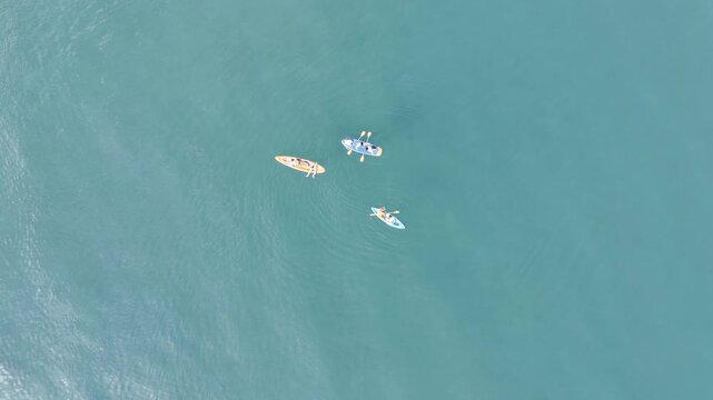 Vertical top-down drone footage of people paddling in kayaks and on stand-up paddleboards (SUP) in crystal clear turquoise water. The shot captures the bright colors of the boats against the transpare