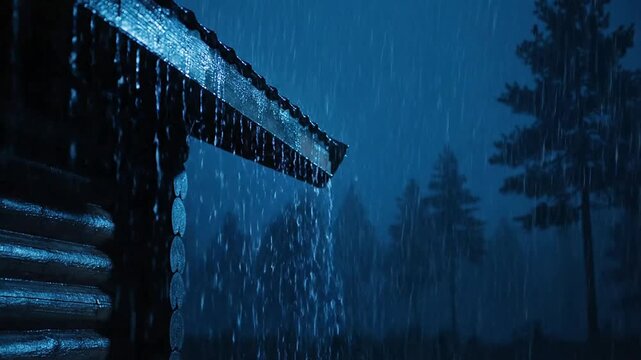 Rain falling from roof gutter of a wooden house in a forest at night.