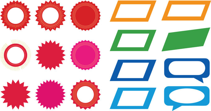 Colorful Promo Badge Template Set with Starburst Seals, Parallelogram Frames, and Speech Bubbles for E-commerce Retail Sale Discount Graphic Designs