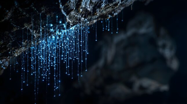 Bioluminescent glowworms hanging in a dark cave environment at night