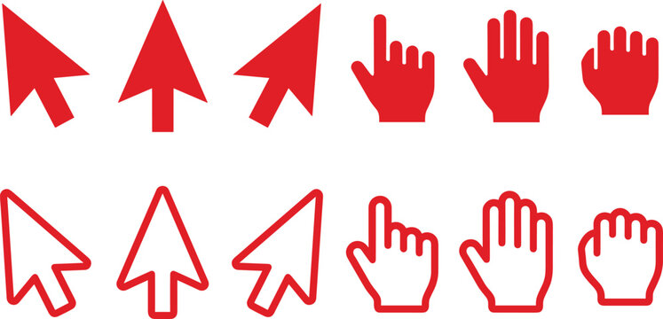 Red Computer Mouse Cursor Icon Set with Arrow Pointers and Hand Gesture Symbols in Solid and Outline Style for Digital Interface Designs