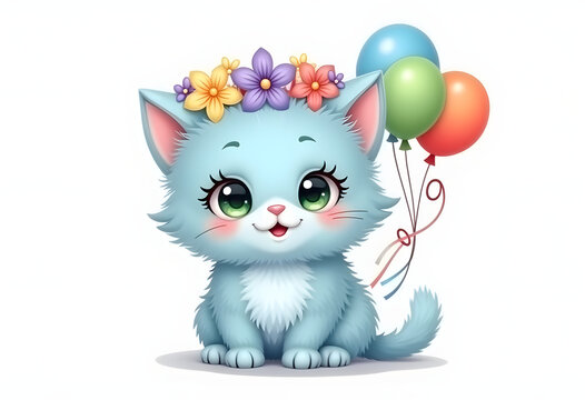 Cute blue kitten with flowers on its head holding colorful balloons