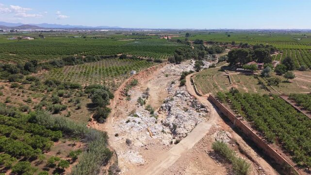 Drone view of a dry ravine, known as Barranco del Gallego in Chiva, Valencia Province, Spain