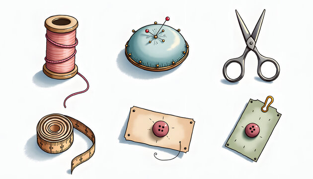 Sewing tools, colorful, flat design, thread, scissors, buttons, measuring tape, pin cushion, creative concept