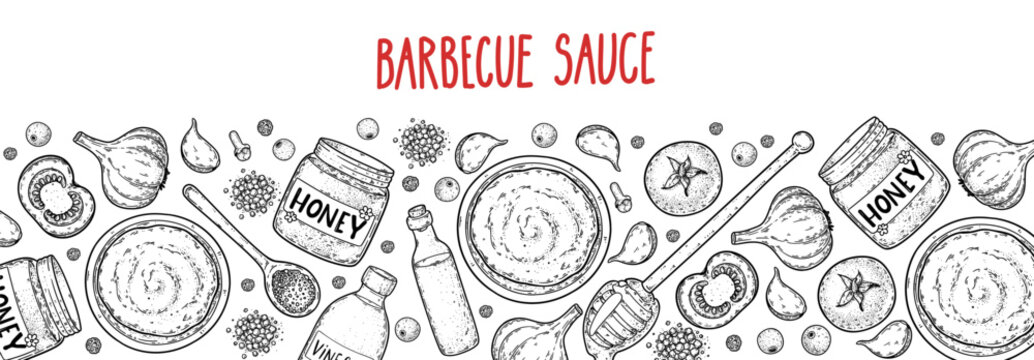 Elegant barbeque sauce packaging frame with hand drawn engraving illustration. Detailed vintage sketch border for barbeque branding. Vector drawing illustration.