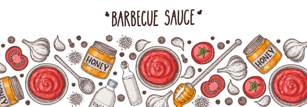 Colorful vector frame for barbeque sauce packaging. Hand drawn border with detailed line art for barbeque sauce labels. Vector drawing illustration.