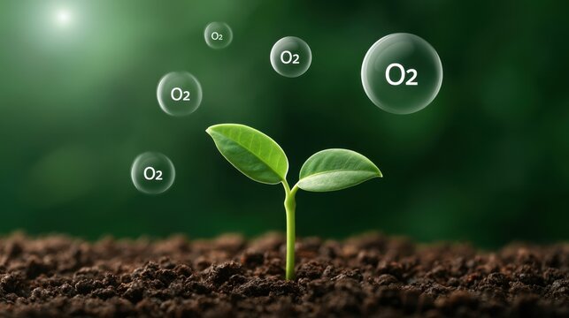 Young green plant seedling growing in fertile soil surrounded by glowing oxygen gas bubbles representing fresh air and environmental growth concept sustainability