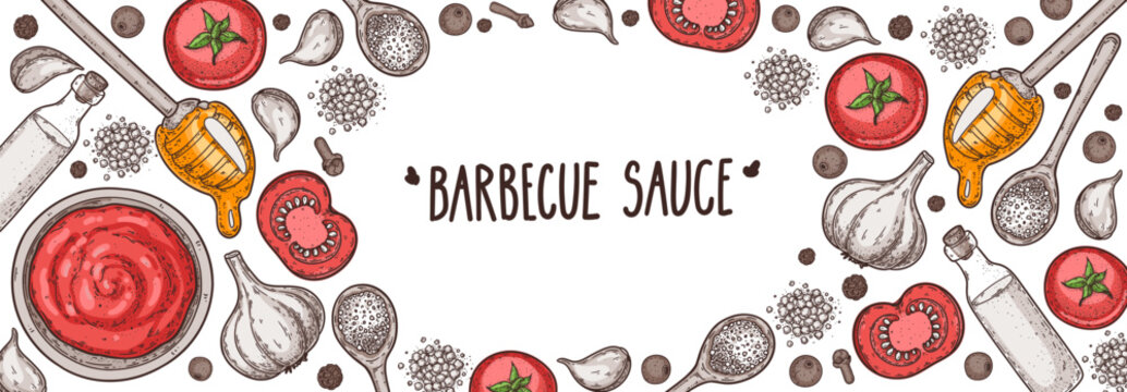 Hand drawn barbecue sauce colorful frame vector. Detailed border for barbecue sauce packaging, condiment labels, food branding, menus, stickers and culinary design. Vector drawing illustration.