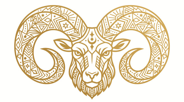 Golden Aries Zodiac Sign Goat Head Line Art Vector Illustration