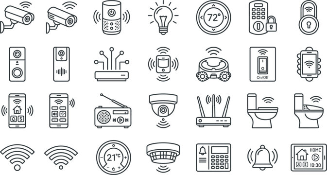 Smart home technology vector icons set with security camera doorbell thermostat speaker router alarm smoke detector and wireless control line art