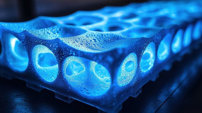 Blue aerogel cross-sectioned revealing internal porous architecture with side lighting penetrating microscopic channels creating ethereal luminescence