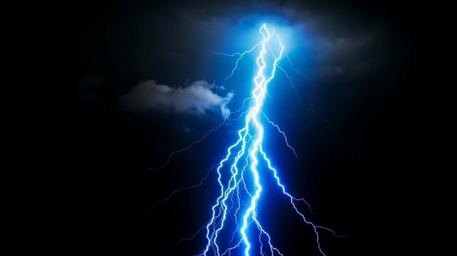 Powerful blue lightning bolt striking through dark night sky with dramatic electric energy
