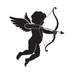 Fototapeta premium Cupid silhouette aiming a bow and arrow. Representing love, romance, and Valentine's Day themes ideal for wedding invitations and greeting cards