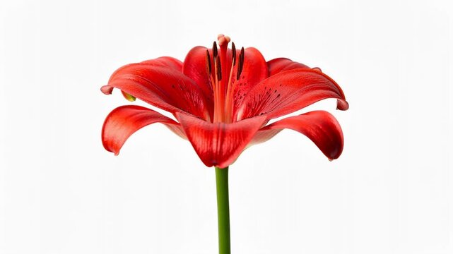 Close up of a vibrant red lily flower isolated on white background with detailed petals and stamens