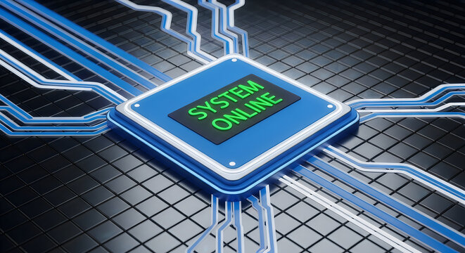 Blue and white computer processor chip with glowing lines and "SYSTEM ONLINE" text on a dark background