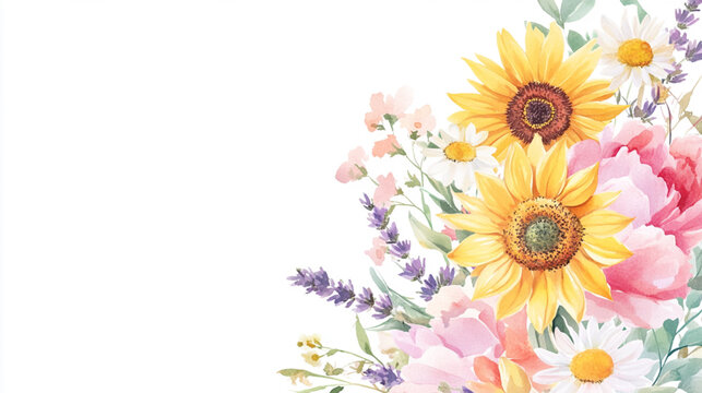 Summer flowers blooms: sunflowers, daisies, lavender sprig and peonies in soft pink, bright yellow, and deep purple. The flowers are rendered in a loose watercolor style.