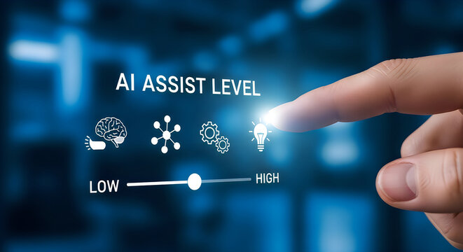 Human finger interacting with AI assist level slider on a futuristic digital interface with glowing