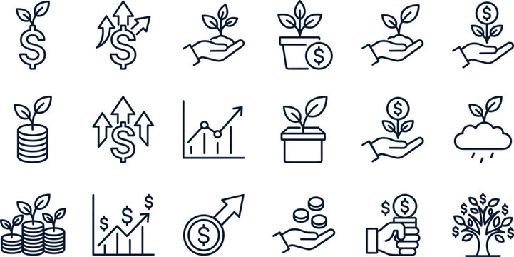 Financial growth and investment vector icons set with money plant dollar coin chart arrow sprout hand and wealth tree line art