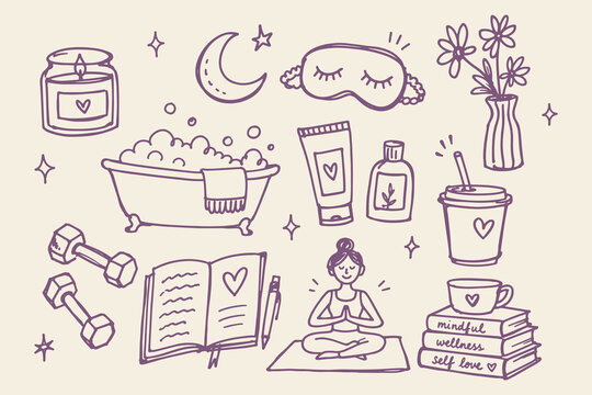 Self Care Wellness Elements Hand Drawn Sketch Vector