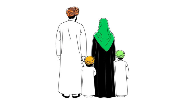 A rear view illustration of an Omani Muslim family with two children.