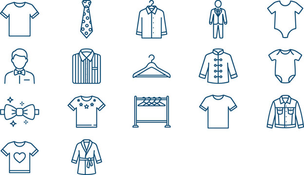 Clothing and fashion apparel vector icons set with shirt t-shirt jacket suit hanger bowtie laundry rack and baby bodysuit line art illustrations