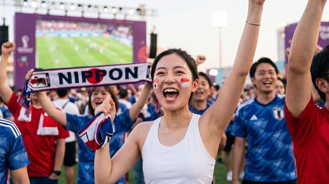 Happy Japanese female fan with face paint holding a national flag in a crowded stadium during a sports event