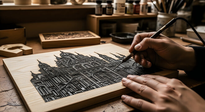 Close up of hands using a pyrography tool to burn an intricate architectural onto a wooden surface