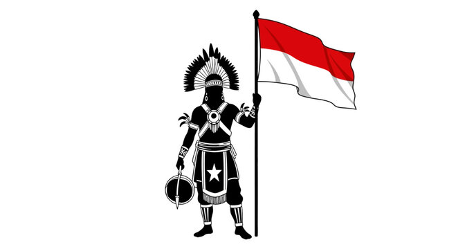 Silhouette of a Papuan tribal warrior holding an Indonesian flag.