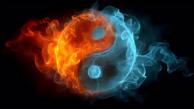 Yin Yang, Chinese philosophy, harmony, balance, Taoism. A vivid digital artwork depicts a swirling vortex of fiery orange and blue hues against a deep black background.