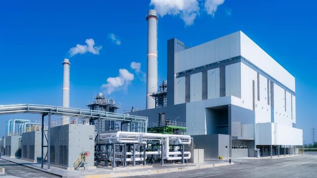 Modern industrial power plant with large chimneys and blue sky clean energy facility outdoors