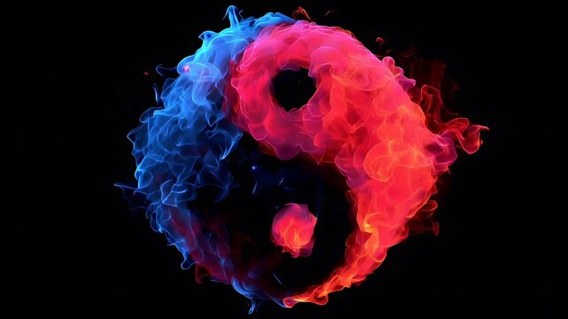 Yin Yang, Chinese philosophy, harmony, balance, Taoism. A vivid, abstract representation of a swirling vortex of blue and red smoke against a black background. The smoke appears to be swirling.