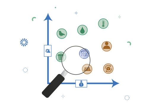 Materiality Analysis Magnifying Glass ESG Scatter Plot. Materiality analysis concept with ESG topic icons including climate, water, waste, biodiversity, and stakeholder. Vector illustration