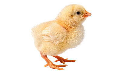 A cute small fluffy yellow baby chick standing looking forward side view profile isolated on transparent background cut out © Ivan