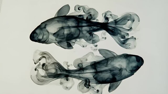 Yin Yang, Chinese philosophy, harmony, balance, Taoism. A monochromatic, abstract depiction of two koi fish swimming in water. The koi are rendered in black and white.