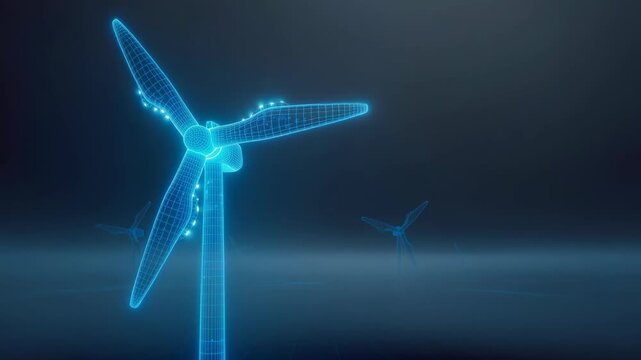Futuristic digital wind turbines glowing in blue light representing renewable energy and sustainable technology
